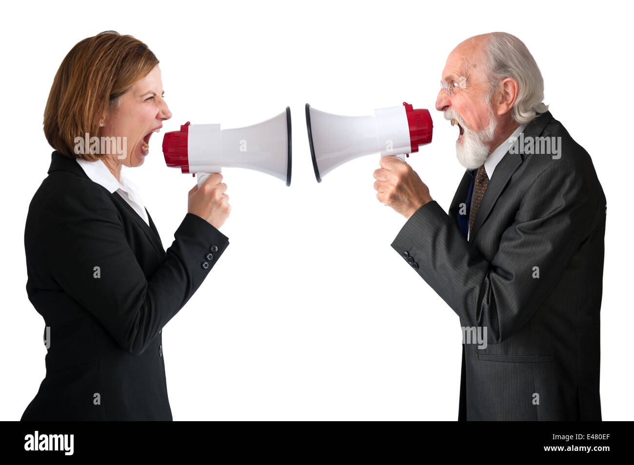 businesswoman and senior male manager with megaphones or bullhorn isolated on white business conflict concept Stock Photo