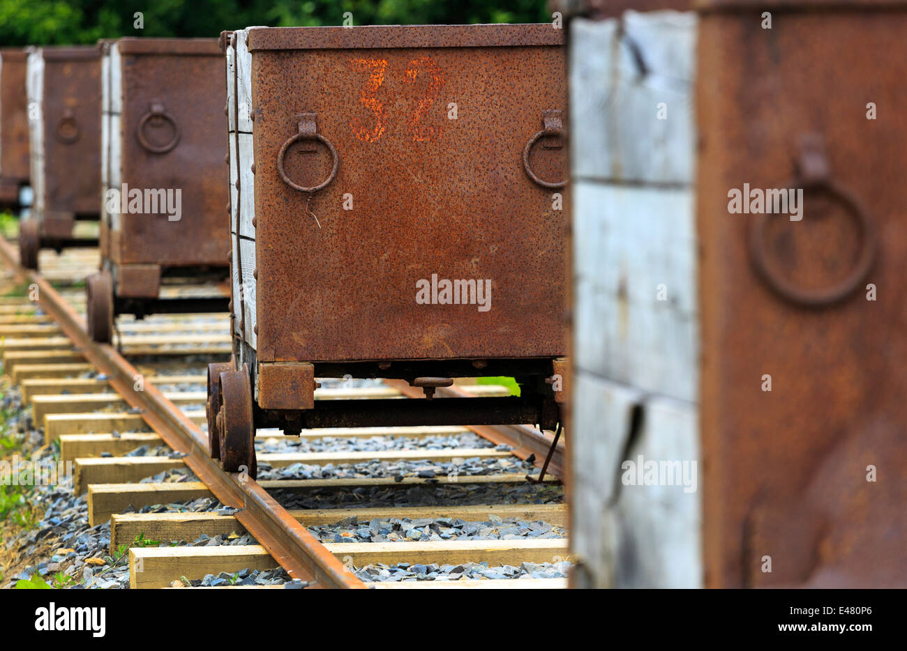 coal mine railway carriages used to transport coal from the coal face to the pithead. Auchinleck, Ayrshire, Scotland, UK Stock Photo