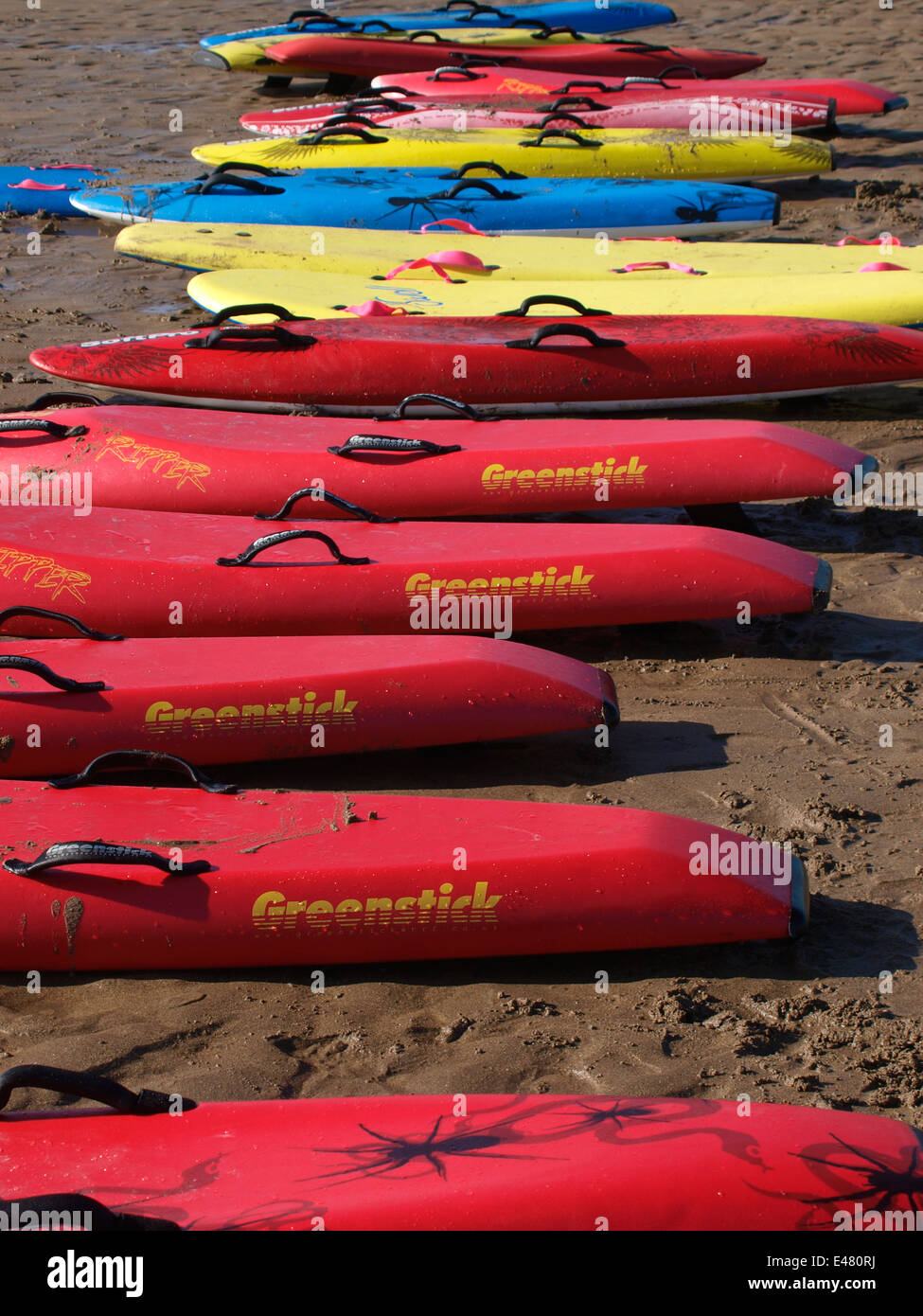 Surf rescue boards on the beach, Bude, Cornwall, UK Stock Photo