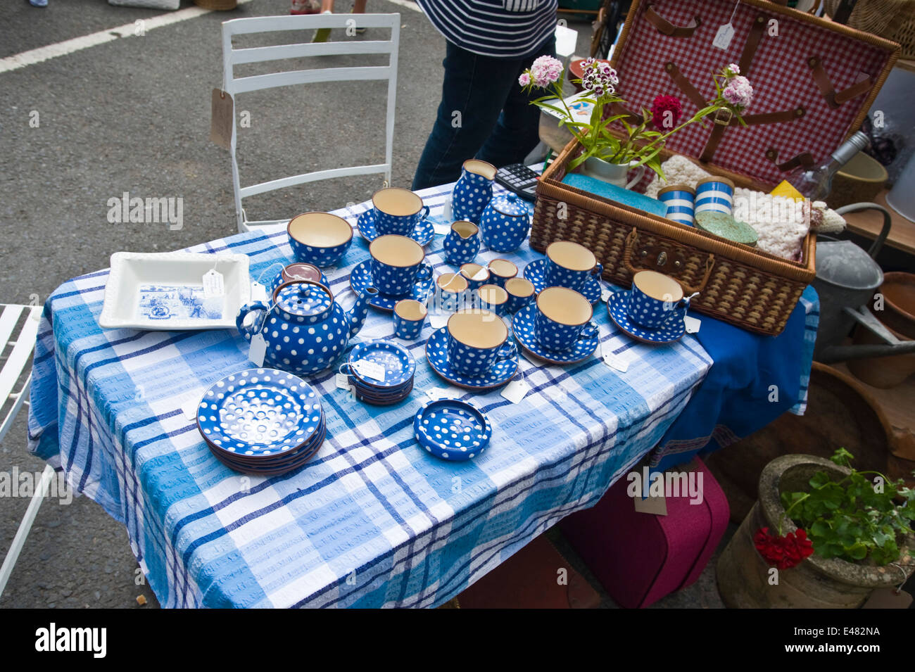 Blue tea set & picnic hamper for sale on stall at Hay Does Vintage