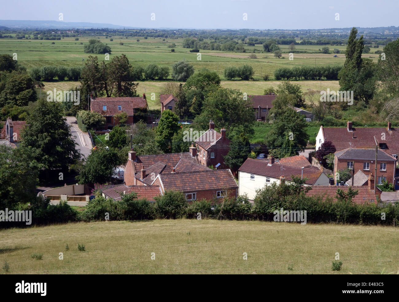 Village of Burrowbridge on the Somerset Levels seen from Burrow Mump, England Stock Photo