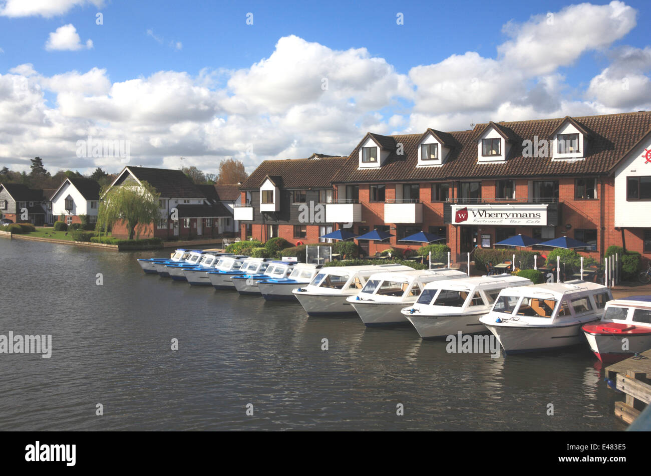 A line of hire boats on the River Bure on the Norfolk Broads at Wroxham