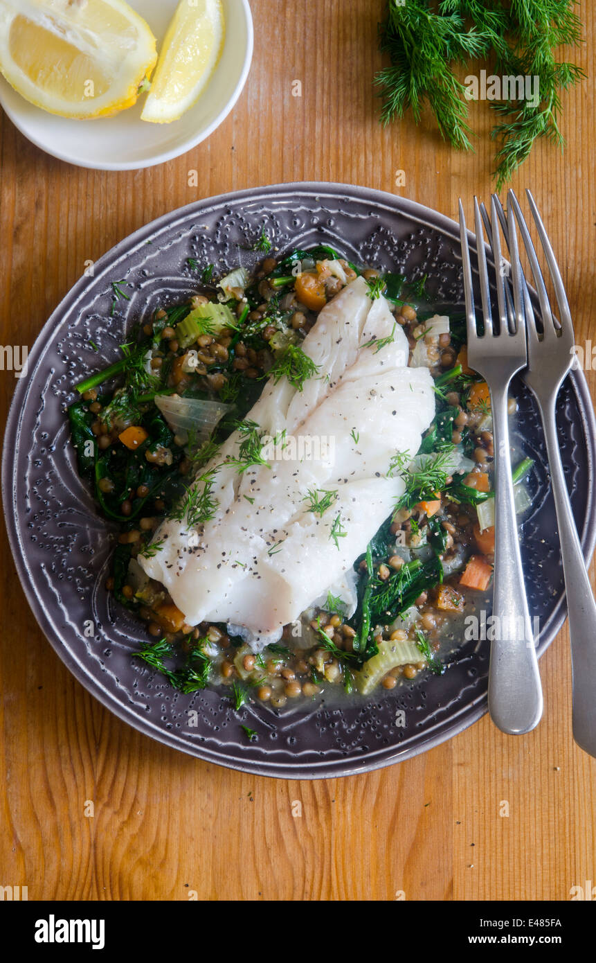 Haddock with lentils Stock Photo Alamy
