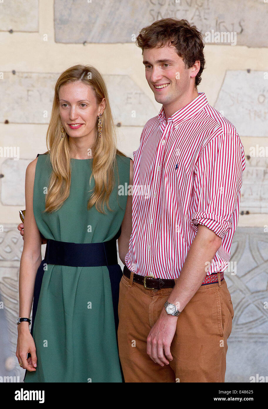 Prince Amedeo of Belgium and Miss Elisabetta Maria Rosboch von Wolkenstein  arrive in front of the Basilica of Our Lady in Trastevere in Rome, Italy,  where the royal family of Belgium met