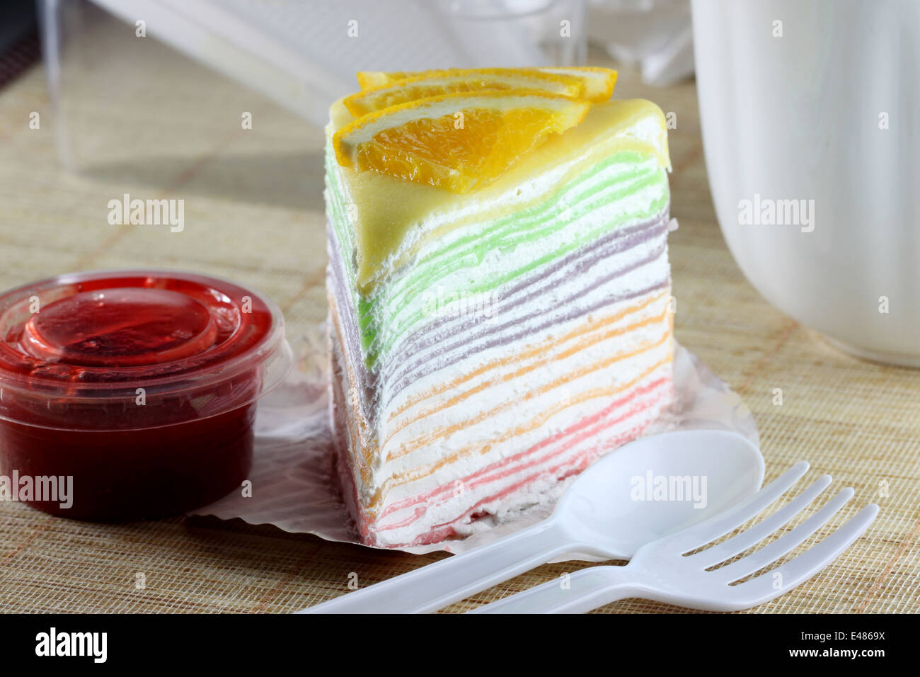 orange cake and strawberry jam for foods background. Stock Photo