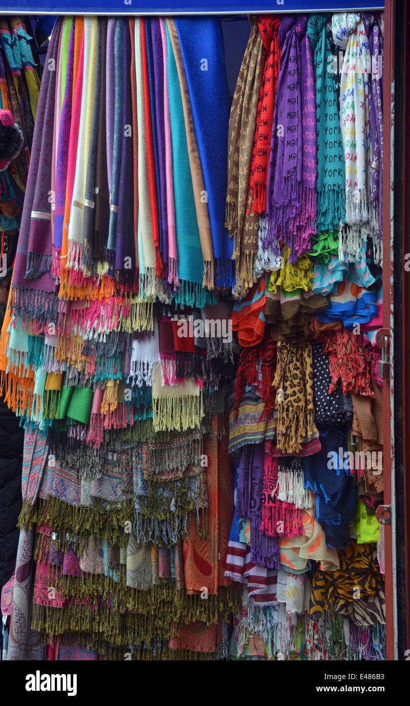 Colorful array of scarves for sale on Mott Street in Chinatown, Manhattan, New York City Stock Photo