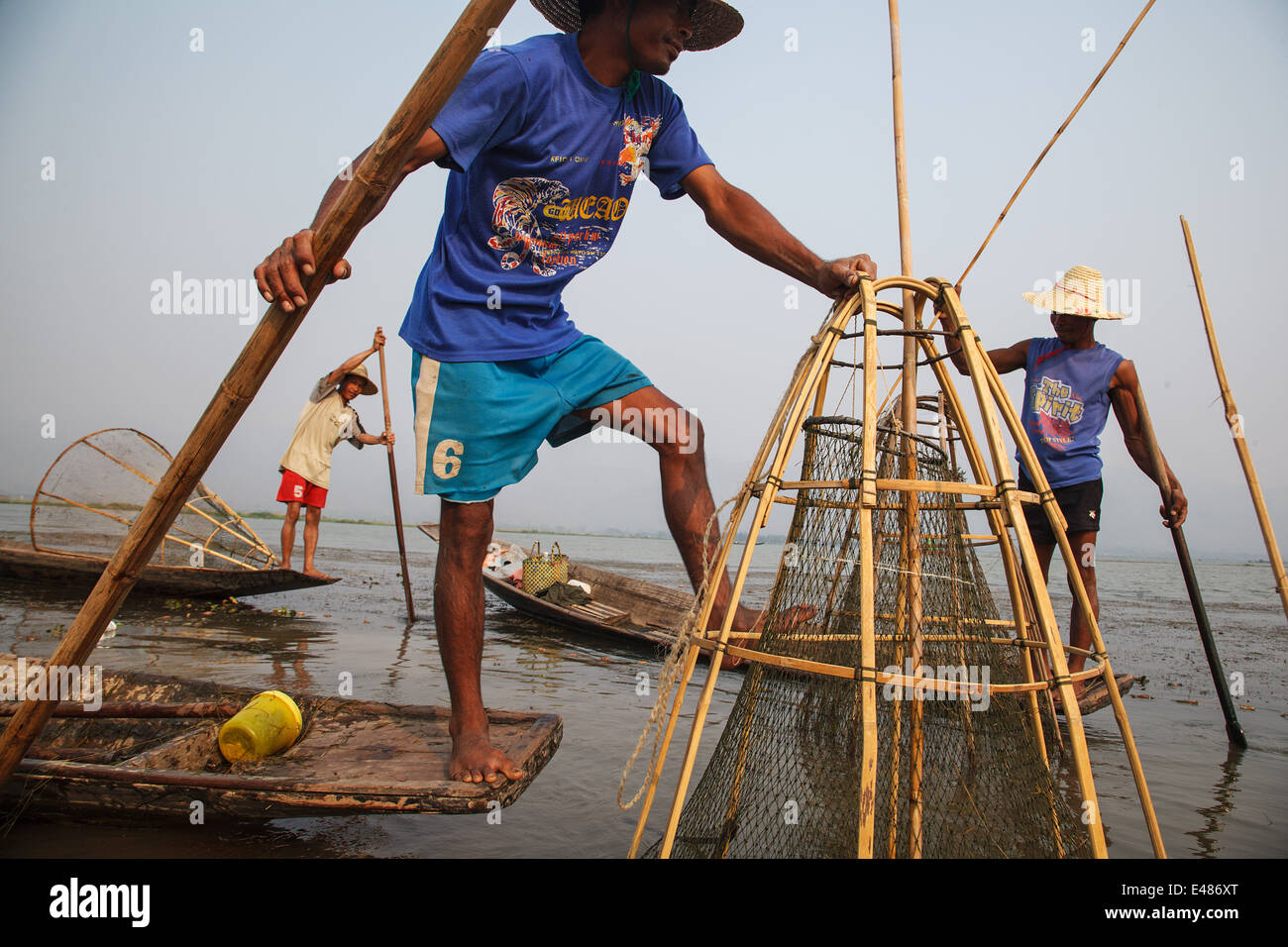 Traditional fishing on Inle Lake, Myanmar (Burma) Stock Photo