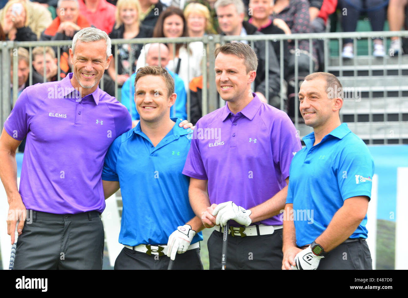 Newport, Wales. July 5th 2014. Golf. The Celebrity Cup.Celtic Manor Wales Resort. Team picture L/Right Mark Foster, Rory Lawson, Graeme Swann, Bryan Swann. Robert Timoney/AlamyLivenews. Stock Photo