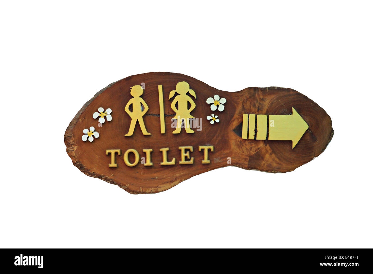 Wooden signs for directions to the bathroom on white background. Stock Photo