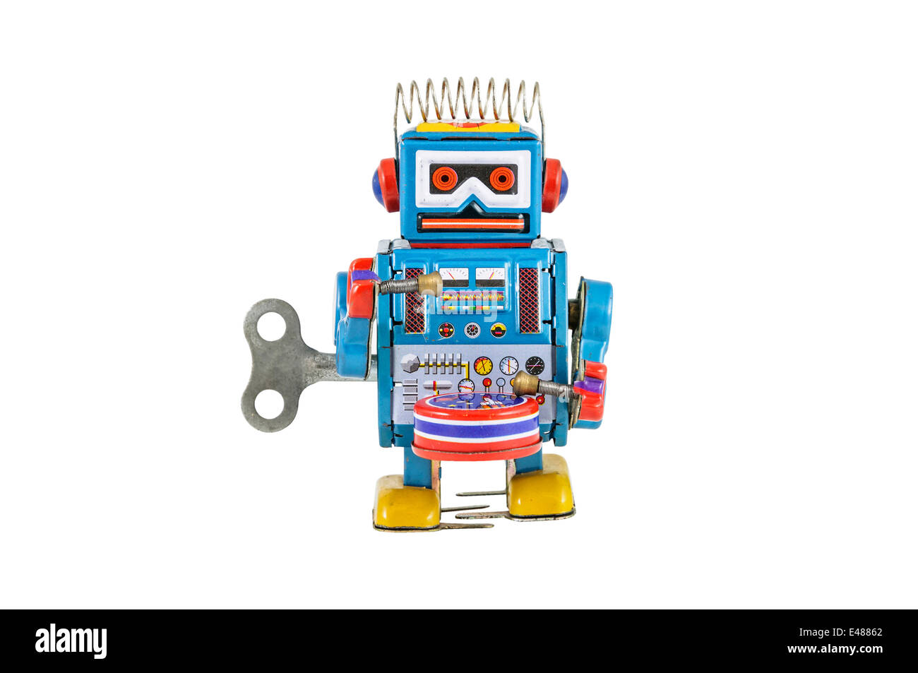 Retro robot toys isolated on white background with clipping path Stock Photo