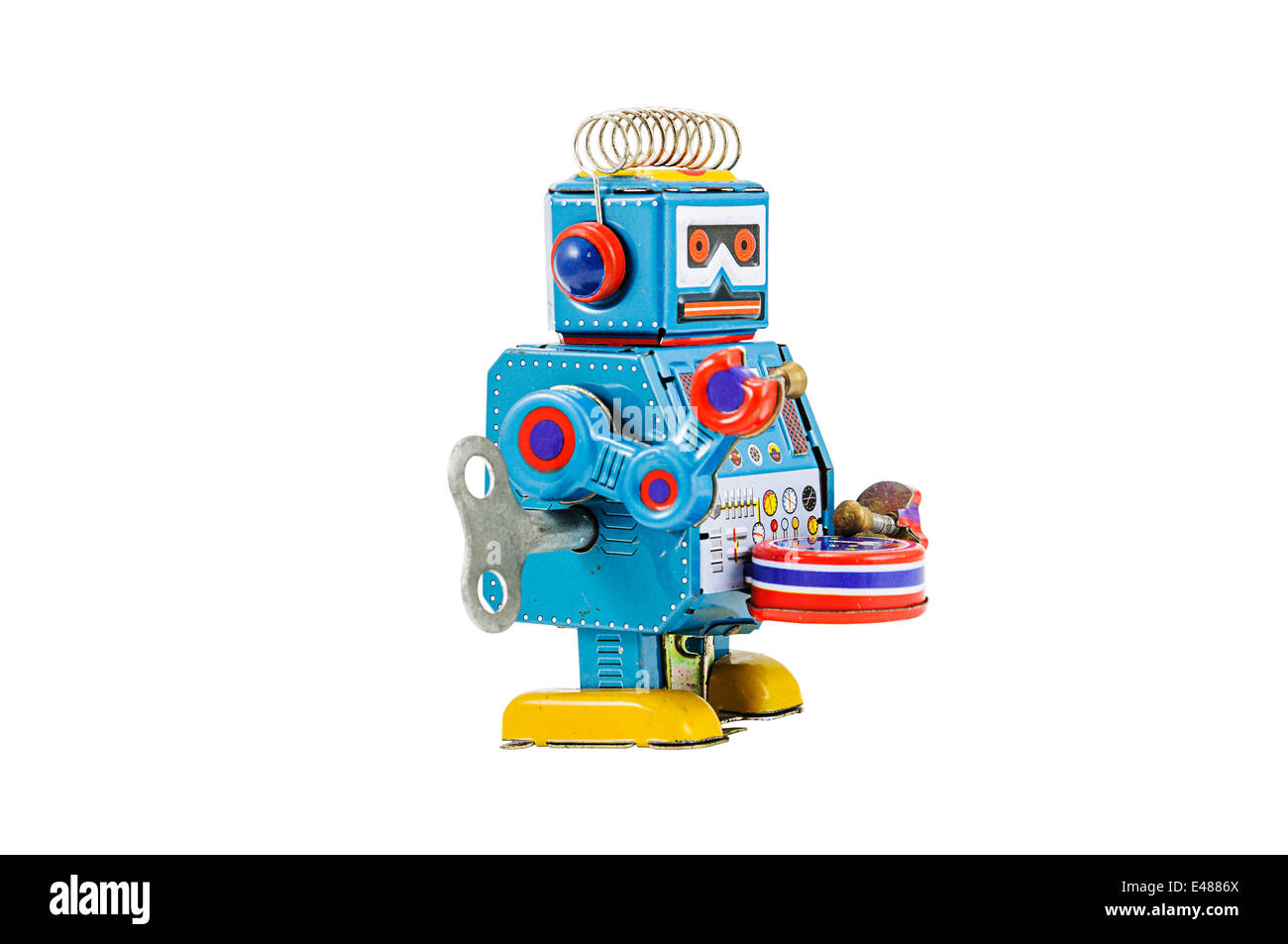 Retro robot toys isolated on white background with clipping path Stock Photo