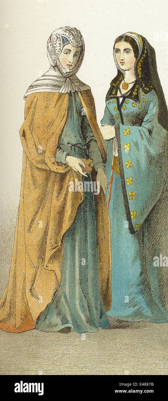 The figures here represent two Spanish ladies in the 1400s. The illustration dates to 1882. Stock Photo