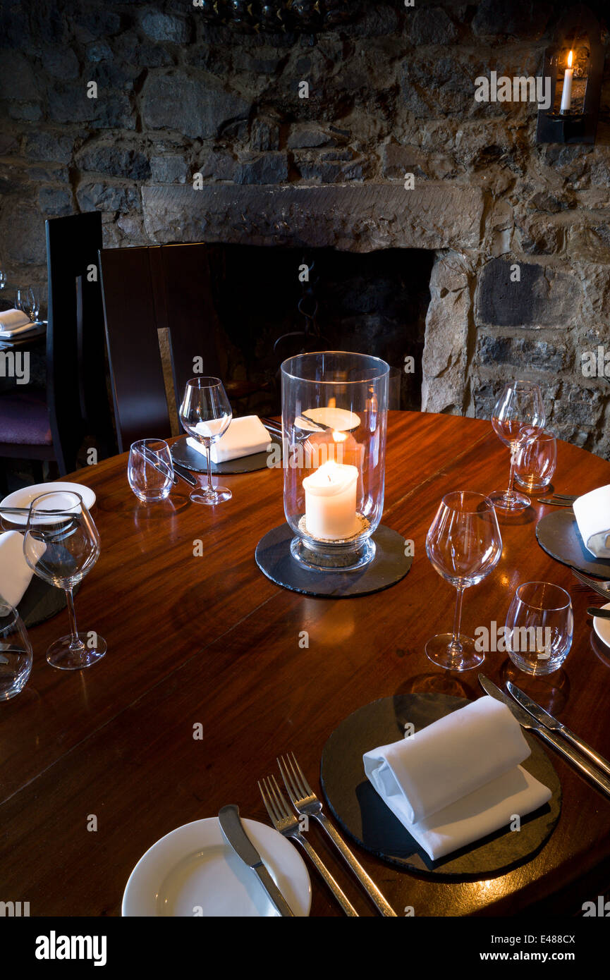 Table setting at the world renowned gastronomic five star restaurant The Three Chimneys on the Isle of Skye in SCOTLAND Stock Photo
