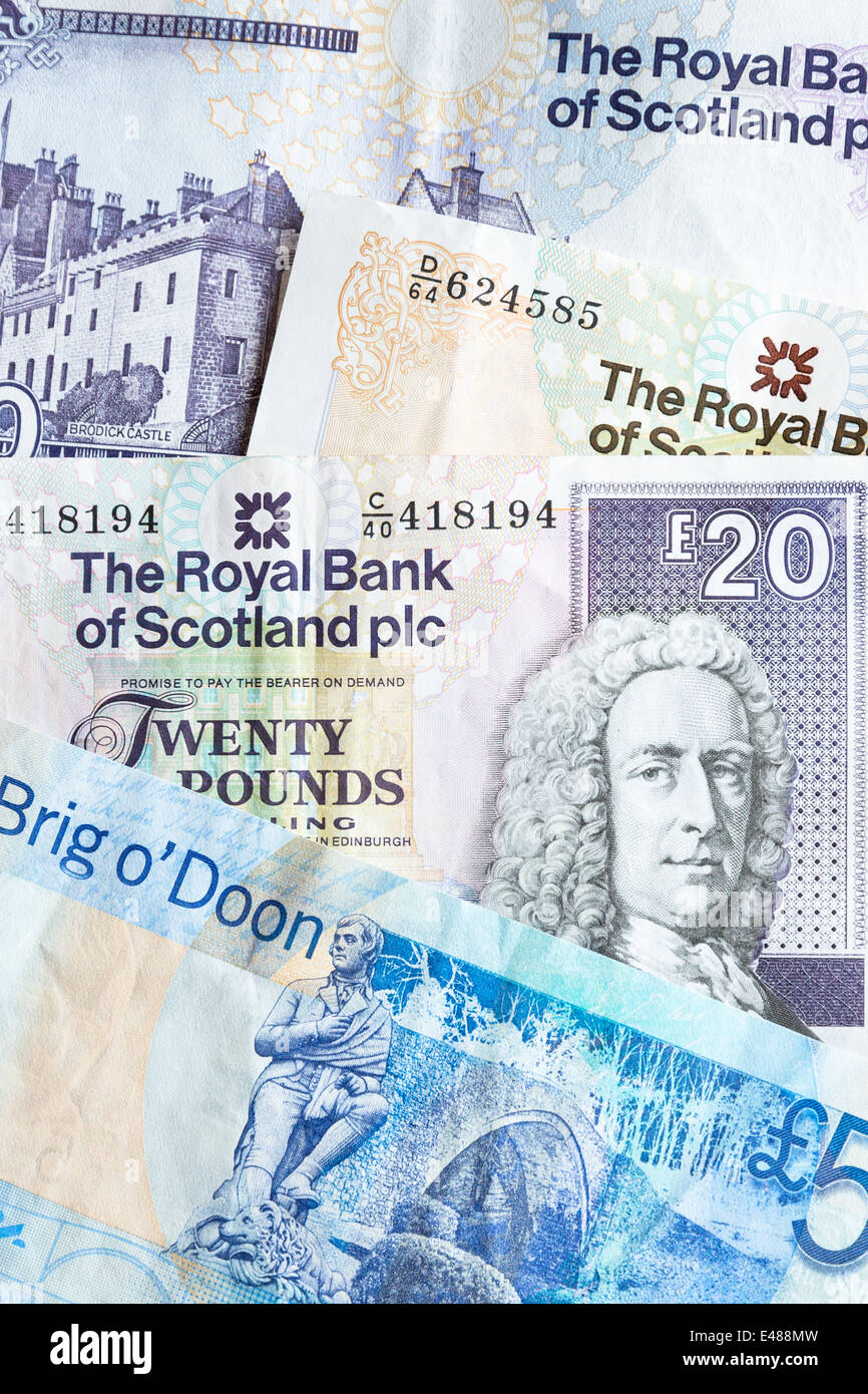 Scottish banknotes from The Royal Bank of SCOTLAND £5, £10, £20 Stock Photo