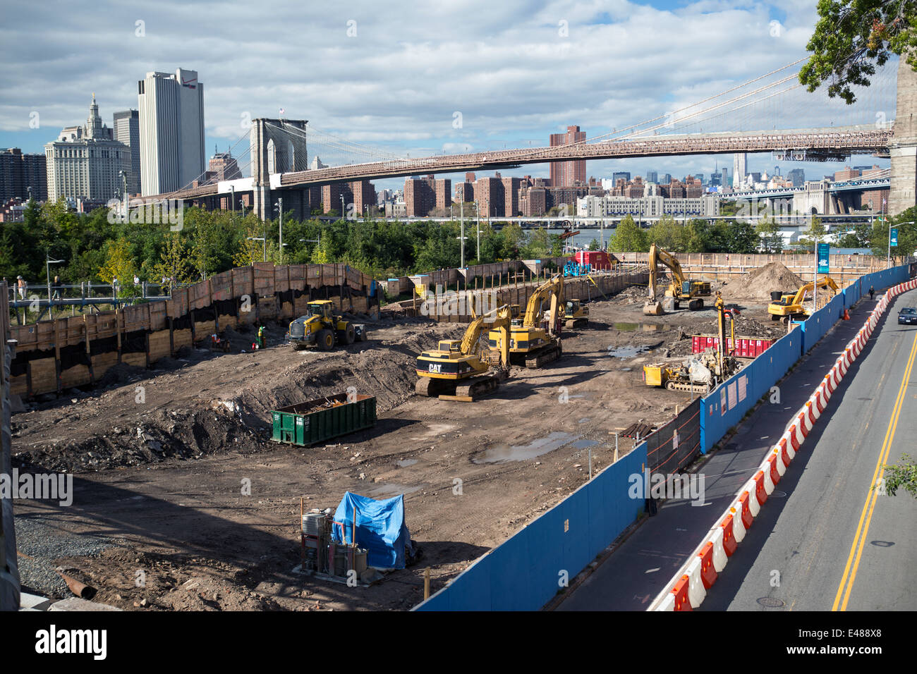 New York City buildings and Brooklyn bridge under construction Stock
