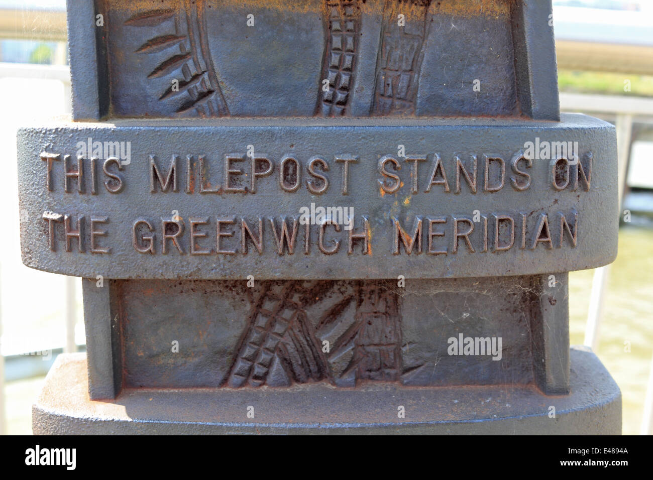 Milepost standing on the Greenwich Meridian on the Greenwich Peninsula, London, England, UK. Stock Photo