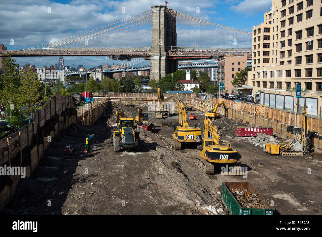 New York City buildings and Brooklyn bridge under construction Stock ...