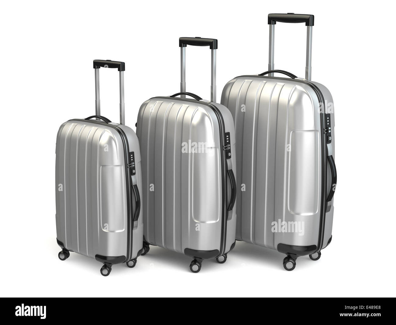 Baggage. Aluminium suitcases on white isolated background. 3d Stock