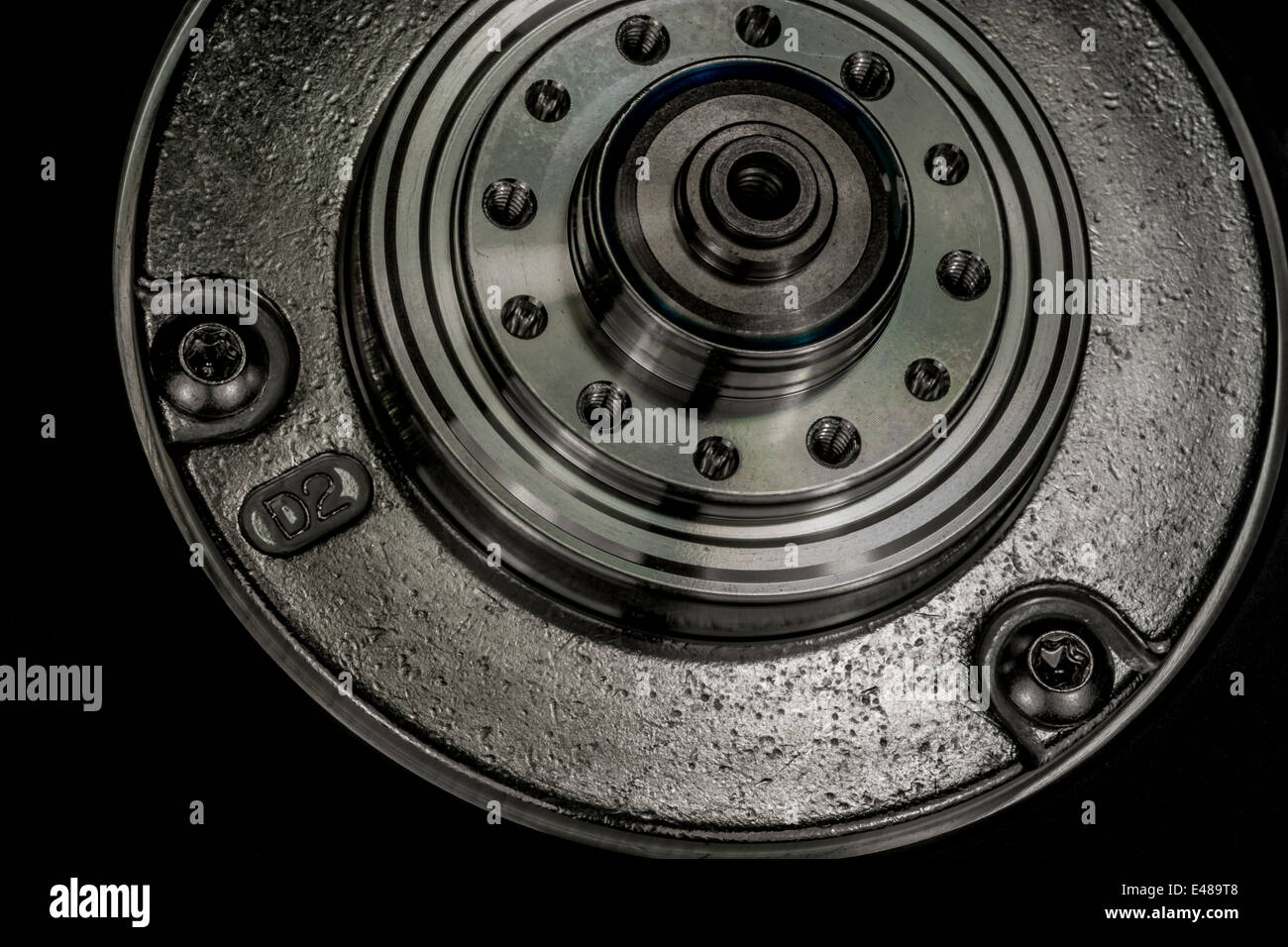 Macro shot of HDD spindle motor - cast aluminium. Stock Photo
