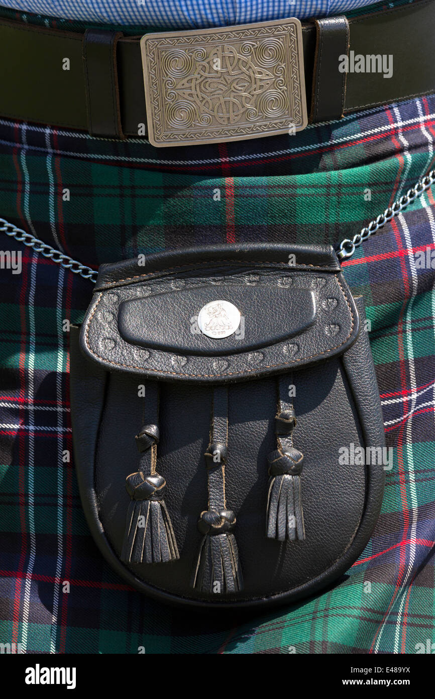 Highland Dress tartan kilt with sporran worn in The Highlands of Scotland before the 2014 Scottish Independence Referendum Stock Photo