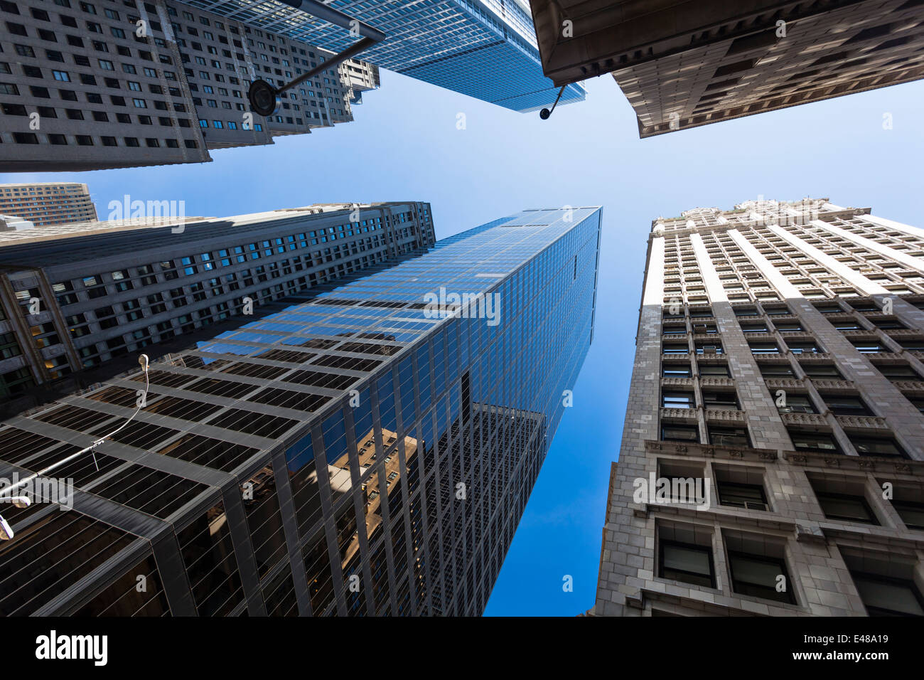 Low angle view of skyscrapers in the Financial District of New York, USA Stock Photo