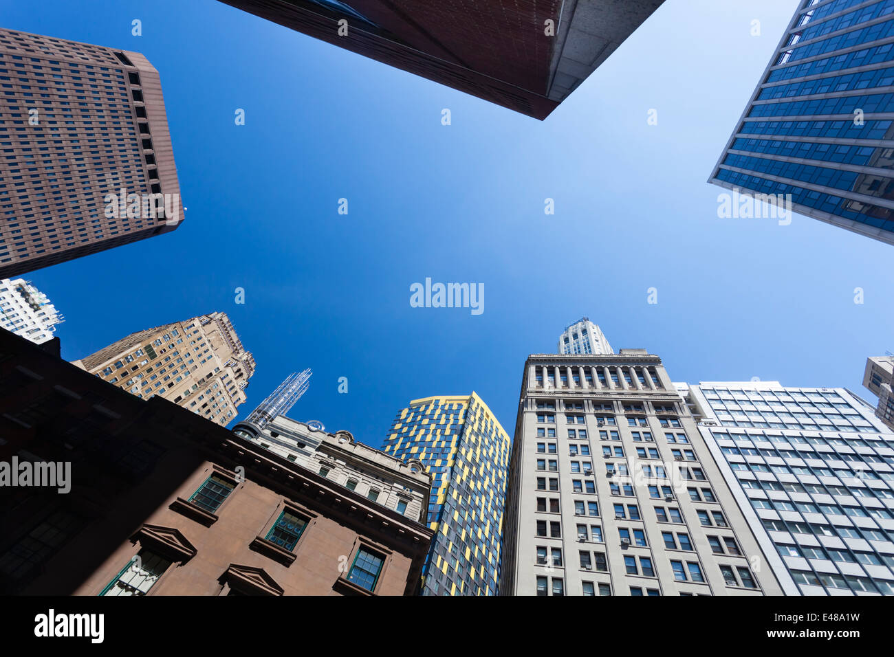 Low angle view of skyscrapers in the Financial District of New York, USA Stock Photo