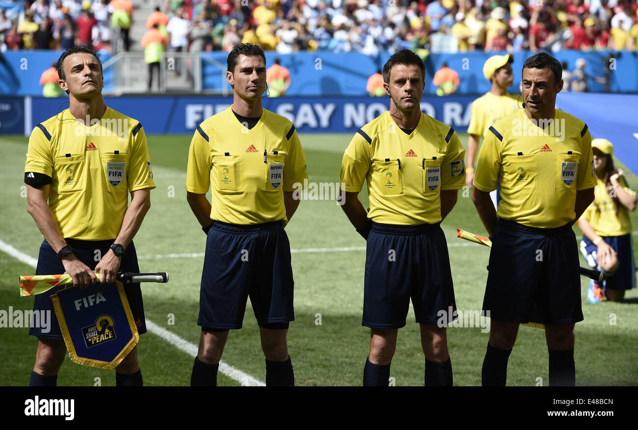 Brasilia, Brazil. 5th July, 2014. Four referee officials are seen before a quarter-finals match between Argentina and Belgium of 2014 FIFA World Cup at the Estadio Nacional Stadium in Brasilia, Brazil, on July 5, 2014. Credit:  Qi Heng/Xinhua/Alamy Live News Stock Photo