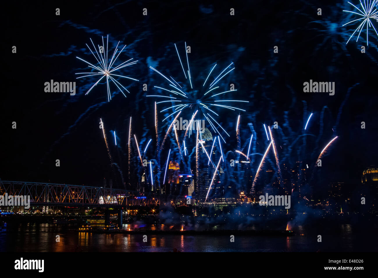 Fireworks Bursting Over The City Of Cincinnati And The Ohio River, Cincinnati Ohio, USA Stock Photo