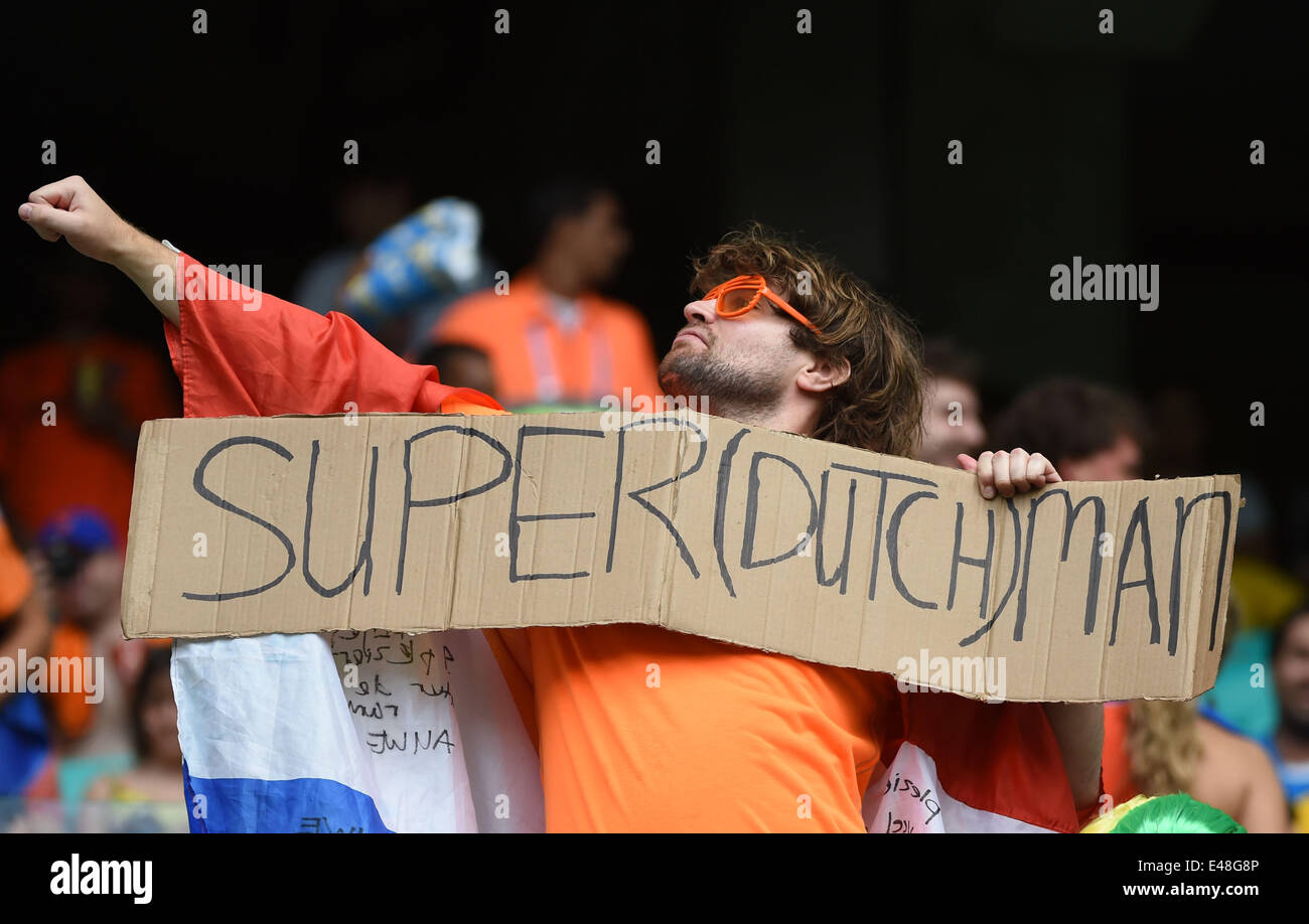 Salvador, Brazil. 5th July, 2014. A Netherlands' fan poses before a quarter-finals match between Netherlands and Costa Rica of 2014 FIFA World Cup at the Arena Fonte Nova Stadium in Salvador, Brazil, on July 5, 2014. Credit:  Guo Yong/Xinhua/Alamy Live News Stock Photo