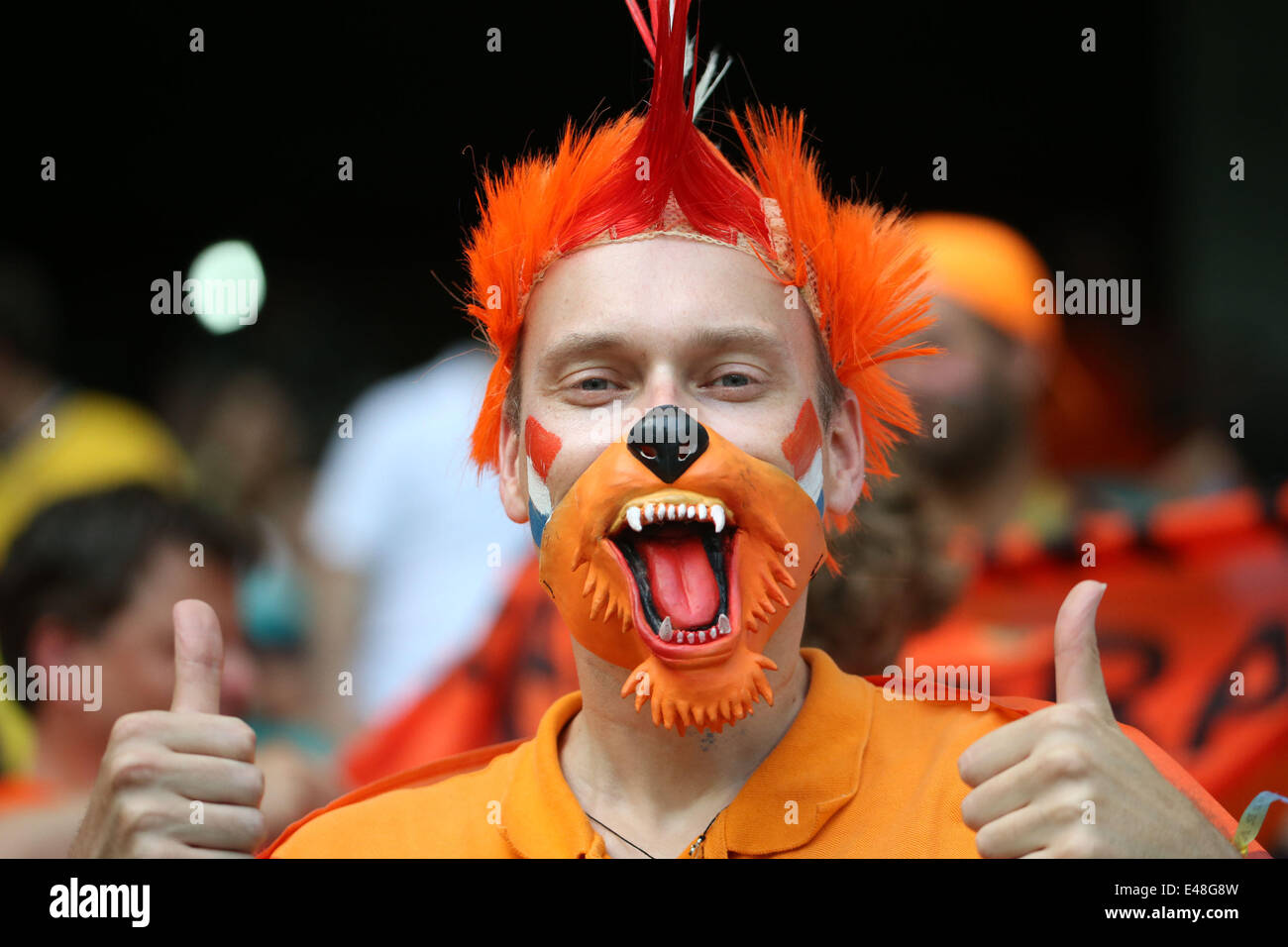 Salvador, Brazil. 5th July, 2014. A Netherlands' fan poses before a quarter-finals match between Netherlands and Costa Rica of 2014 FIFA World Cup at the Arena Fonte Nova Stadium in Salvador, Brazil, on July 5, 2014. Credit:  Cao Can/Xinhua/Alamy Live News Stock Photo