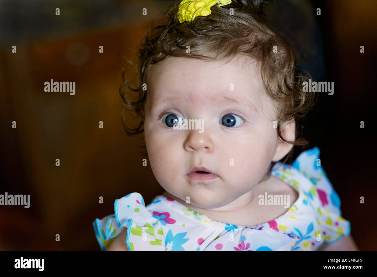 A three month old Caucasian infant blue eyed girl closeup with serious expression and look of innocence. . USA. Stock Photo