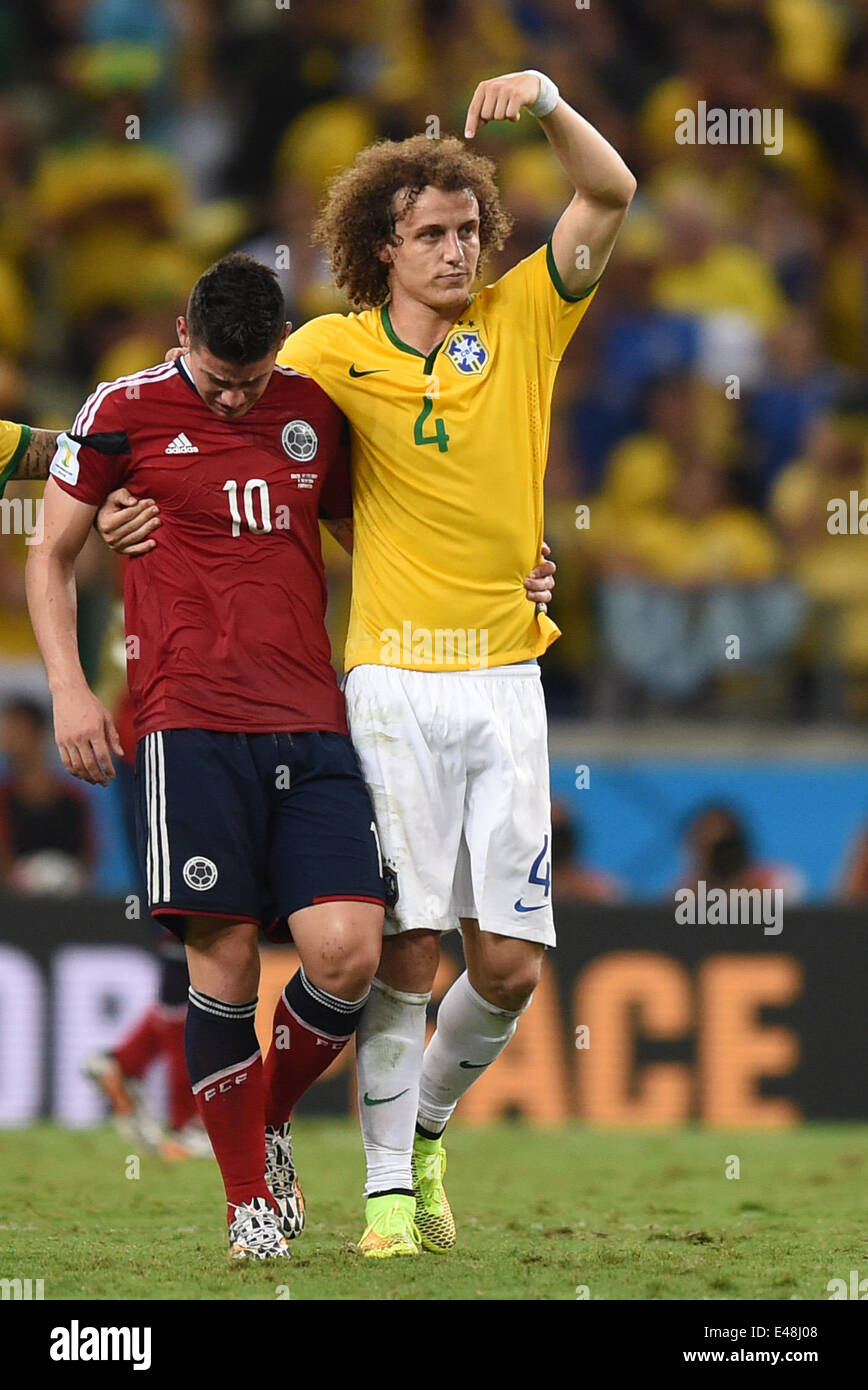 Fortaleza, Brazil. 04th July, 2014. David Luiz of Brazil congratulates the game from James Rodriguez (L) of Colombia after the FIFA World Cup 2014 quarter final match soccer between Brazil and Colombia at the Estadio Castelao in Fortaleza, Brazil, 04 July 2014. Credit:  Action Plus Sports/Alamy Live News Stock Photo