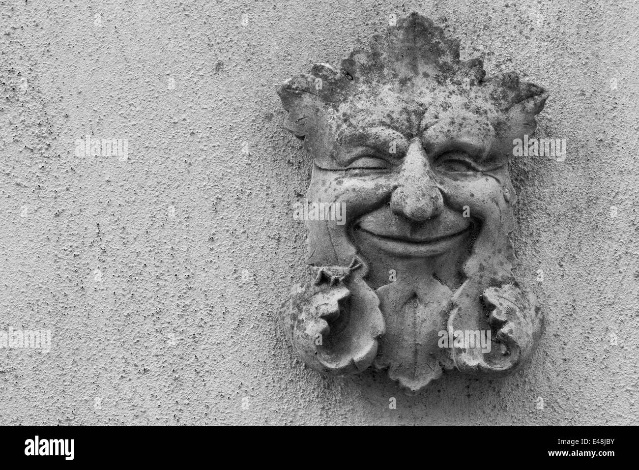 Cast head of the Green Man on rendered wall. Stock Photo