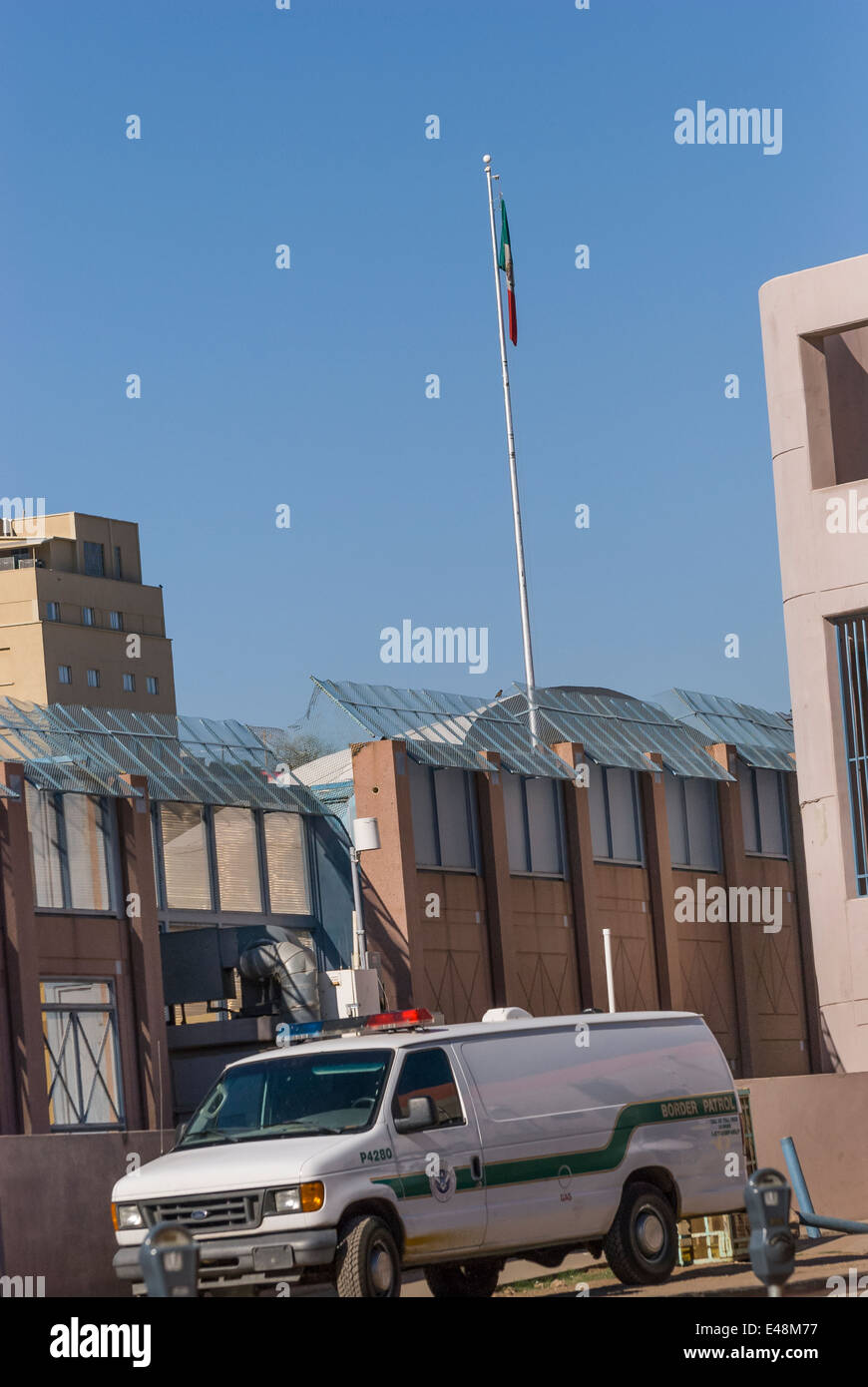 US border wall near official entry crossing in downtown Nogales, Arizona USA Stock Photo