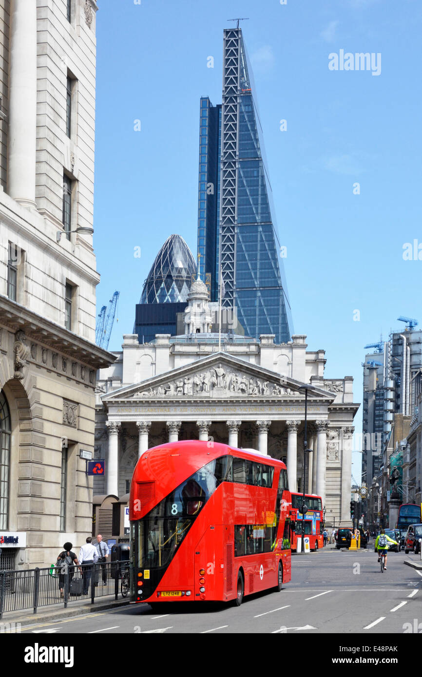 Bank road junction with Leadenhall Cheesegrater office block building towering over the Royal Exchange and Gherkin Stock Photo