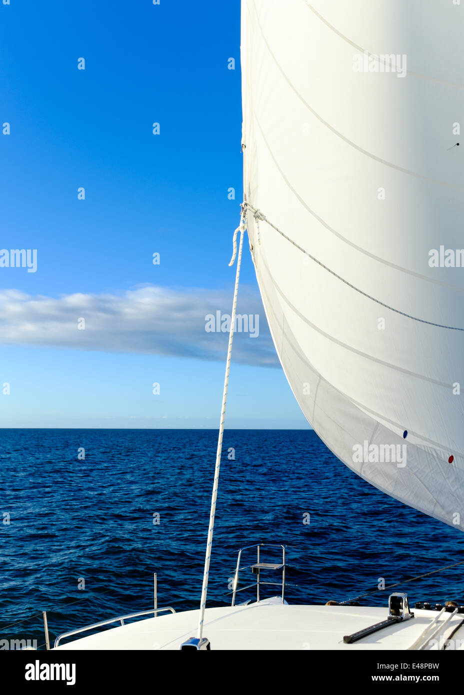 Sail on a yacht billowing out in the wind, sailing across the wide blue