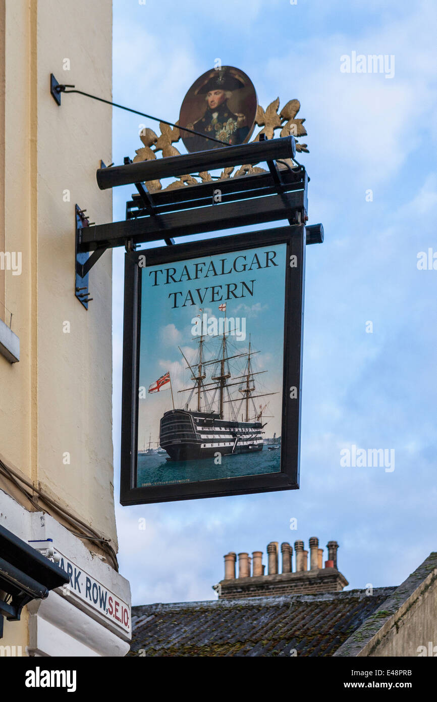 Trafalgar Tavern pub sign with picture of the masted ship  'Victory' - Greenwich, London, UK Stock Photo