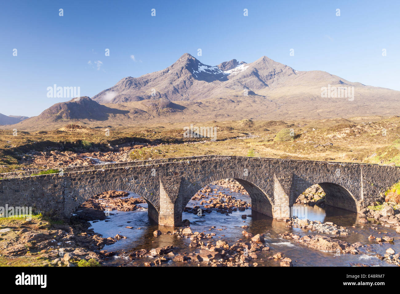 Marsco, Glen Sligachan, Sgurr nan Gillean and the Black Cuillin on a sunny summer blue sky day