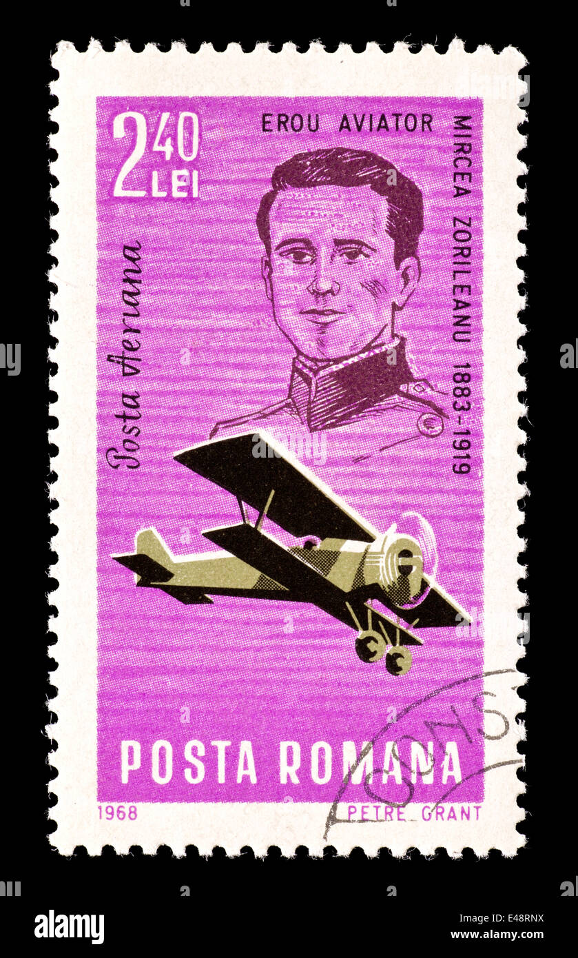 Postage stamp from Romania depicting a biplane and Mircea Zorileanu (Romanian aviation pioneer) Stock Photo