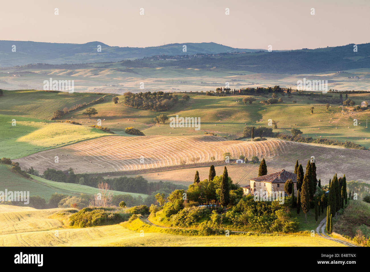 Il Belvedere on the Val d'Orcia. The Val d'Orcia has been protected by UNESCO as a World Heritage Site. Stock Photo