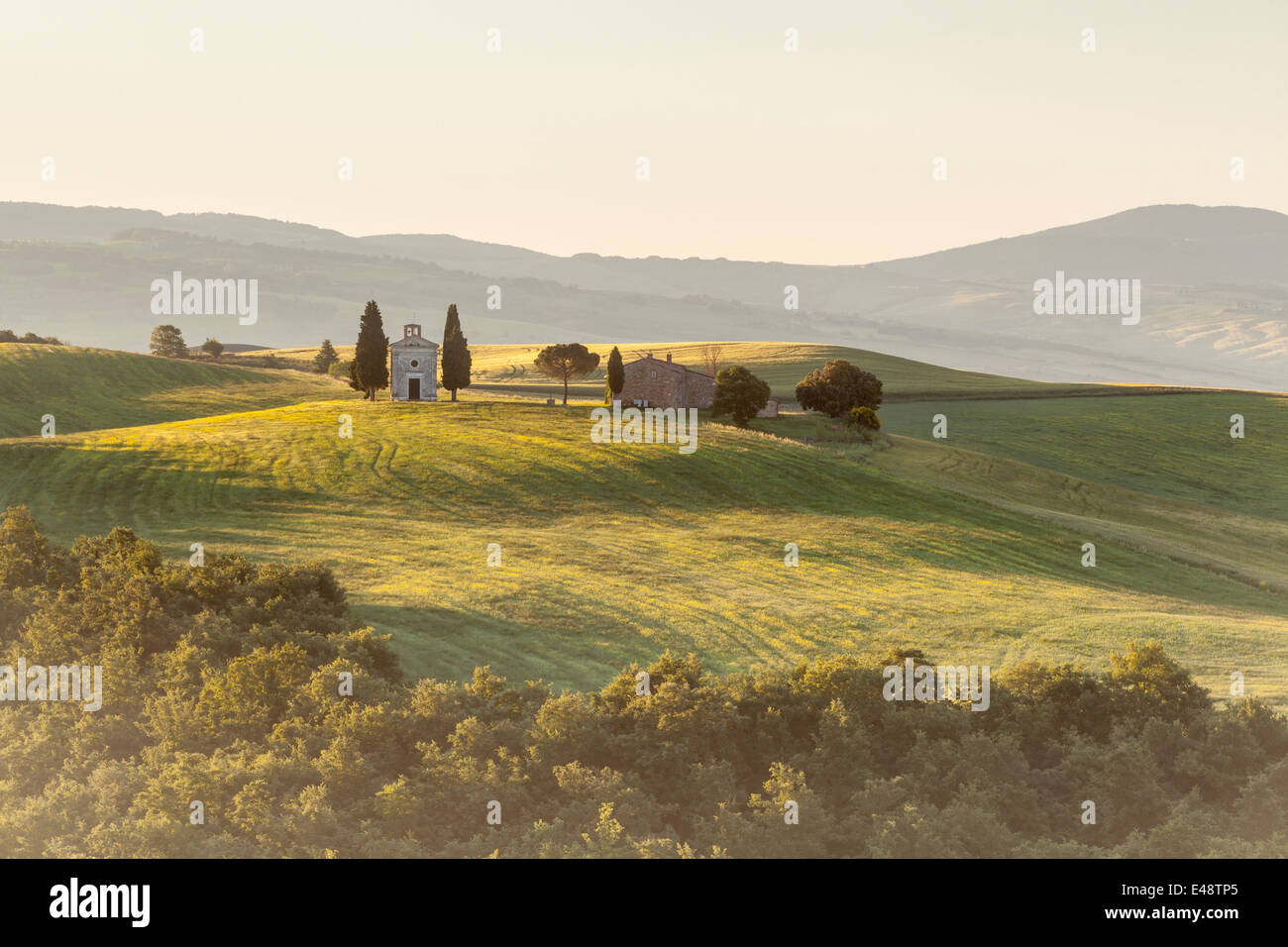 Vitaleta chapel on the Val d'Orcia. The area has been protected by UNESCO as a World Heritage Site. Stock Photo