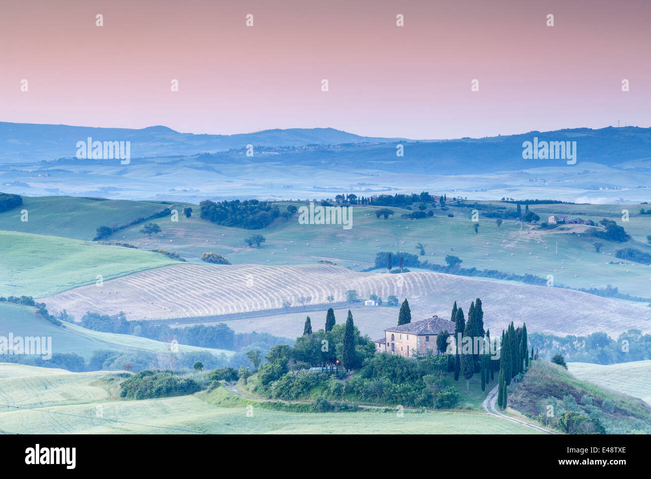 Il Belvedere on the Val d'Orcia. The Val d'Orcia has been protected by UNESCO as a World Heritage Site. Stock Photo