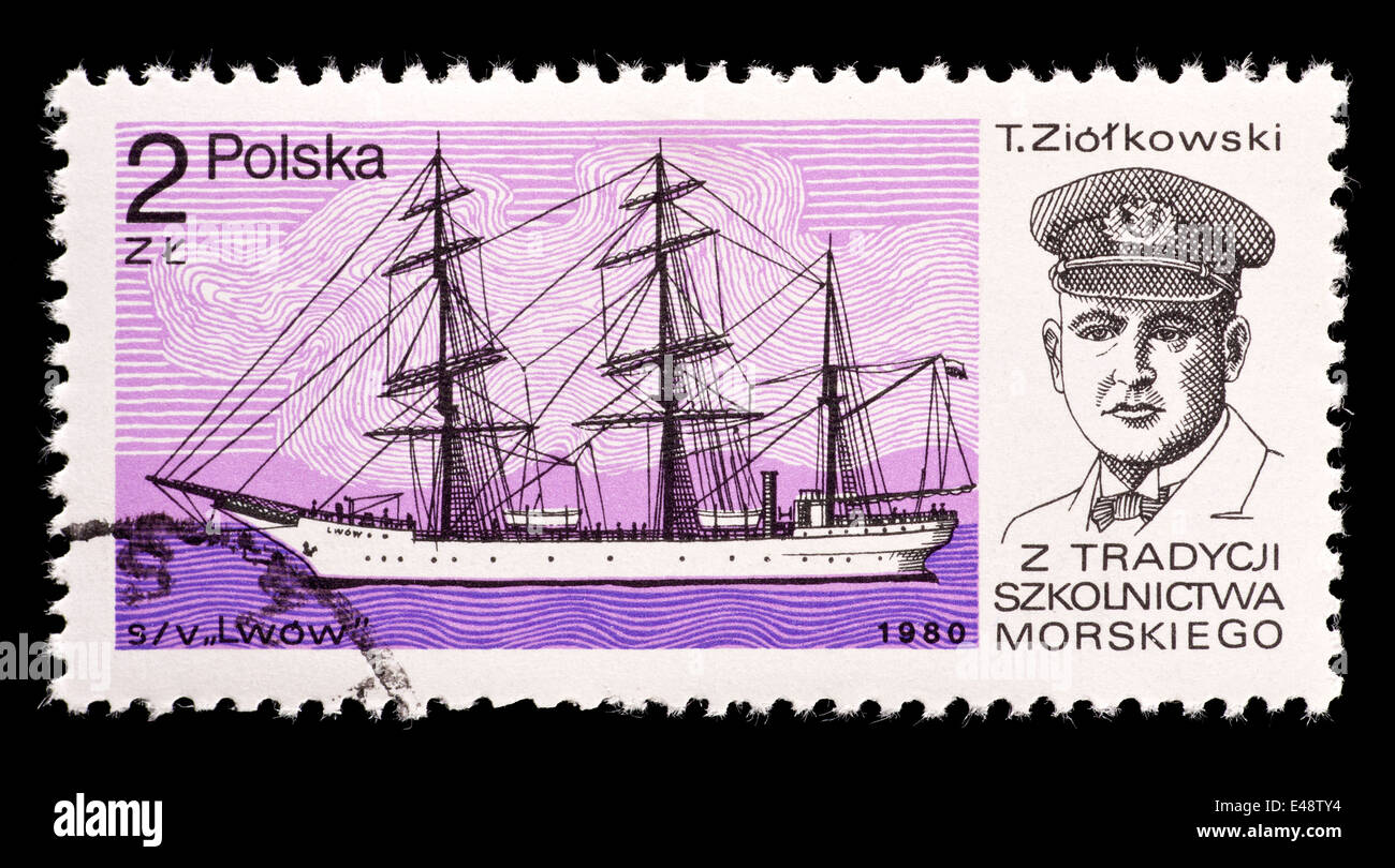 Postage stamp from Poland depicting the training ship Lwow and instructor T. Ziolkowski. Stock Photo