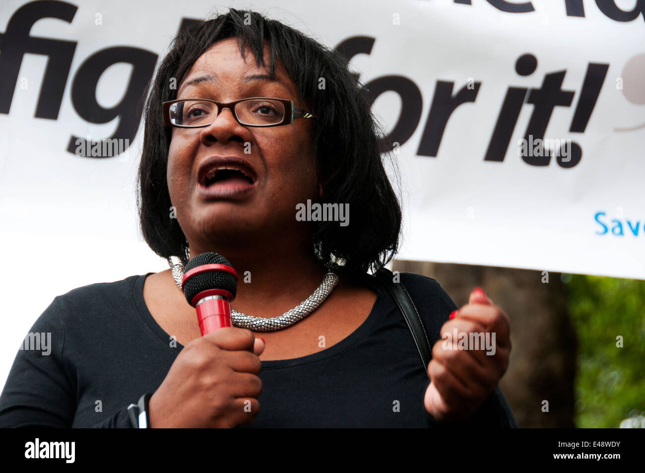 Dianne Abbott, Labour MP for Hackney North and Stoke Newington speaks at a rally against cuts to doctors' surgeries. Stock Photo