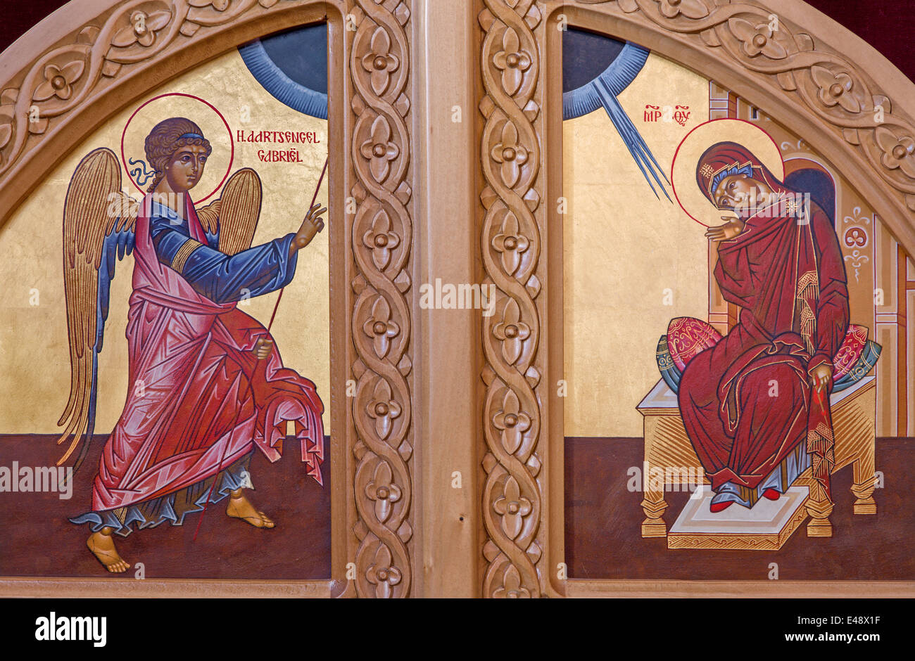 Bruges - The Annunciation scene on the door to presbytery in st. Constanstine and Helena orthodox church Stock Photo