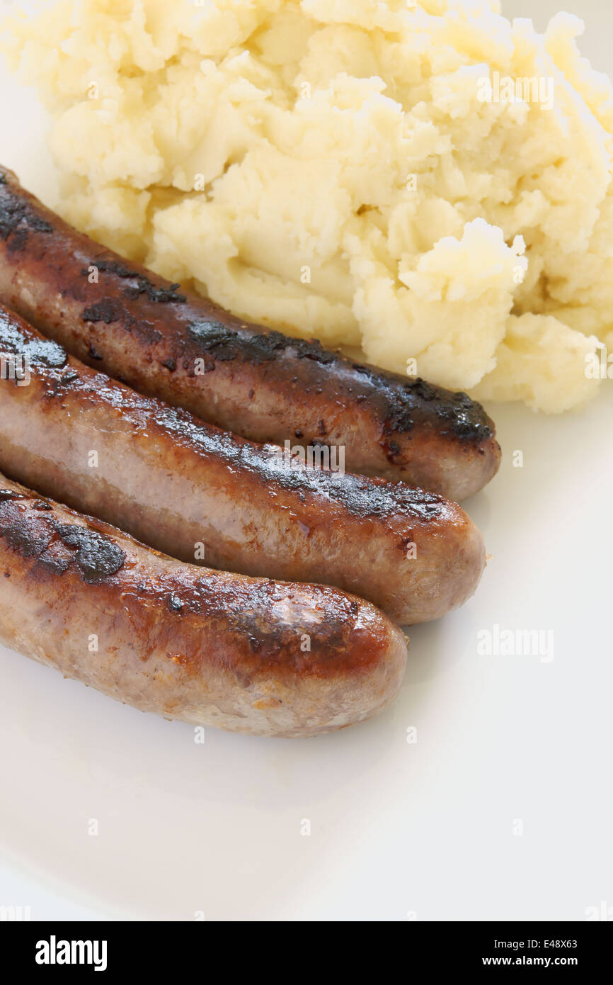 Bangers and Mash a hearty meal of sausages and mashed potato Stock Photo