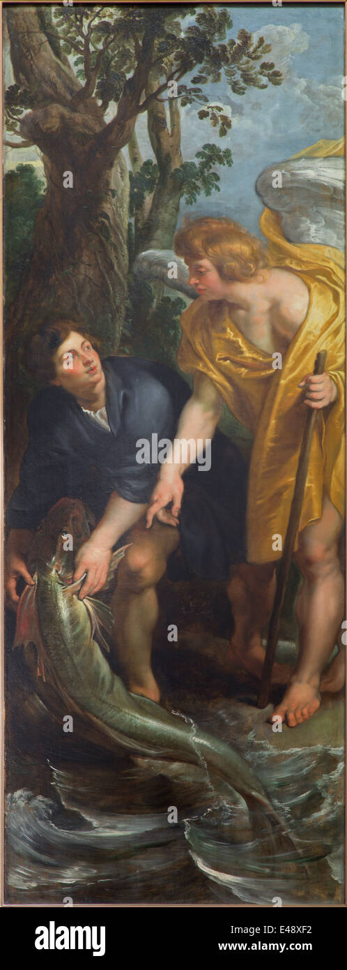 Mechelen - Tobias with the archangel Raphael and fish scene as right part of The Miracle fishing by P.P.Rubens Stock Photo