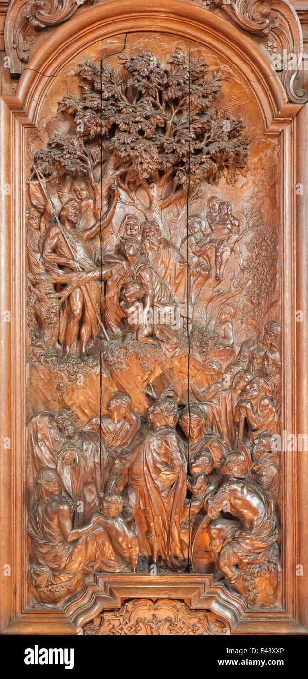 Mechelen - The carving of Sermon of st. John the Baptist scene by Ferdinand Wijnants in st. Johns church or Janskerk Stock Photo