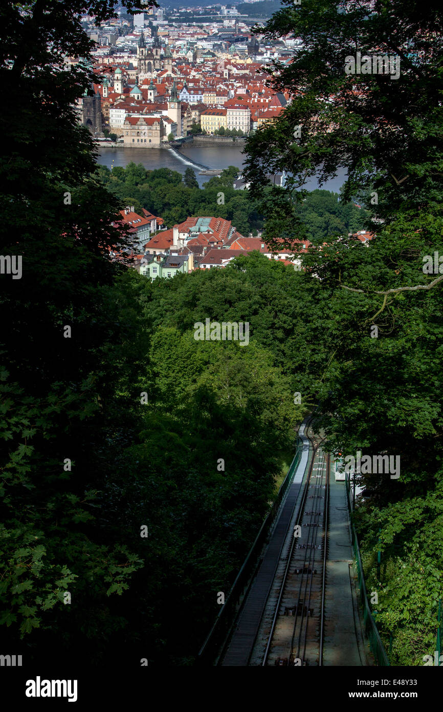 Funicular railway track to Petrin Hill, Prague Czech Republic Stock Photo