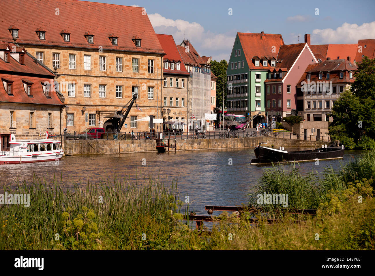 Regnitz river and the former harbour Kranen, historic city center in Bamberg, Upper Franconia, Bavaria, Germany, Europe Stock Photo